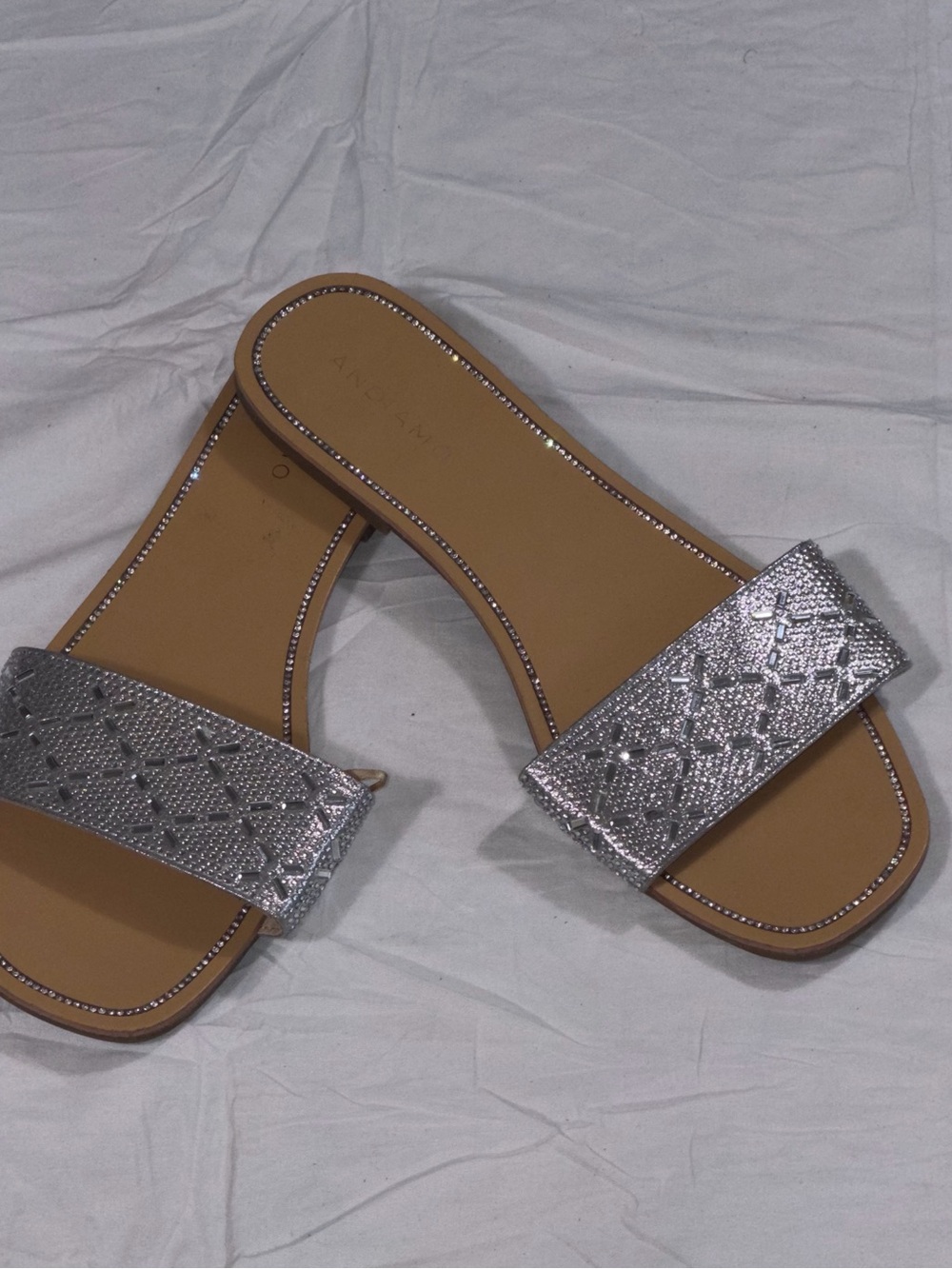 Andiamo Silver Rhinestone Slide Sandals Women Size 11 Square Toe Sparkle
